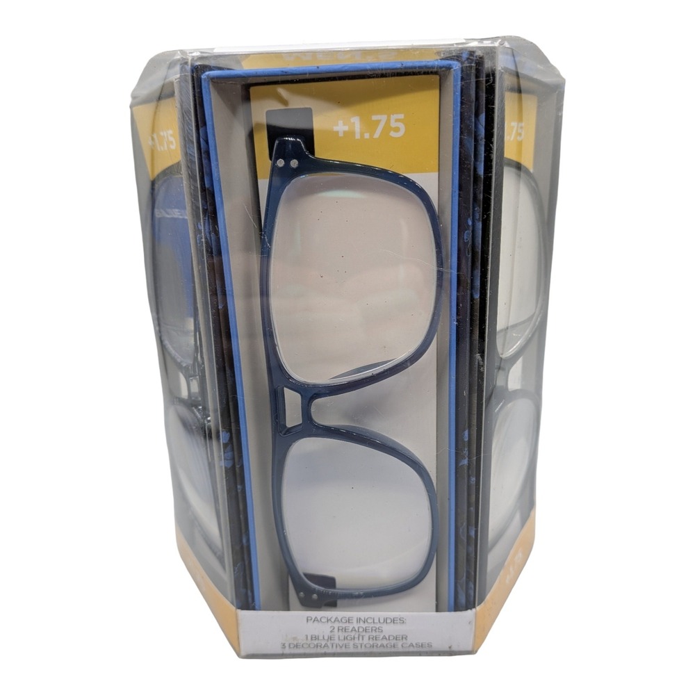 Optique Mens Reading Glasses Blue Light Filter 3 Pack +1.75 Strength Blue Grey